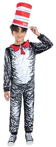 Smiffys Dr Seuss Cat in the Hat Child Costume - Official Licensed Kids Fancy Dress Outfit with Jumpsuit & Tall Striped Hat, World Book Day Book Character Costume