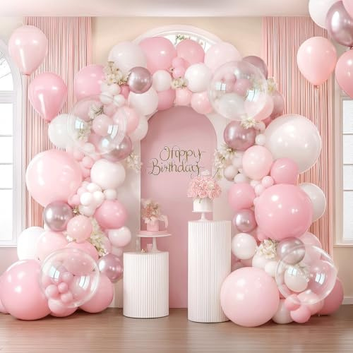 Kit d'arche de ballons roses et blancs, guirlande de ballons rose pastel avec ballons rose métallisé, blanc mat et ballons transparents pour anniversaire, fête prénuptiale, décoration de fête de