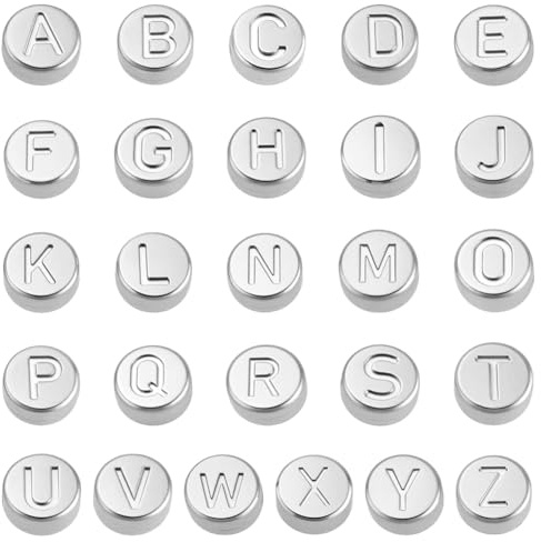 PH PandaHall 26 Stück Alphabet Buchstabenperlen 7mm Flacher Runder Edelstahl Abstandshalter Für Perlen Bastelarbeiten Metallstopper Für Die Herstellung von Halsketten Und Schmuck Silbern Silberfarbig