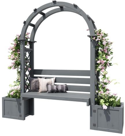 Rosenbogen mit Pflanzkübel und Sitzbank, Blumenkasten aus Tannenholz, Rankhilfe für Kletterpflanzen, Grau, für Garten Terrasse Hof