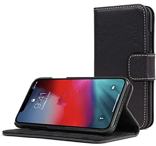 Snugg Schutzhülle für iPhone XS Max – Etui aus Leder mit Kartenschlitzen und Ständer – Legacy-Kollektion, Flipcase, Handyhülle in Schwärzestem Schwarz