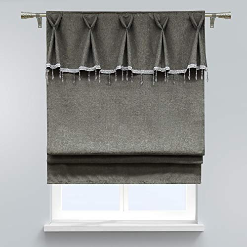 SCHOAL Raffrollo Tunnelzug Blickdichte Raffgardine Einfarbige Gardine mit Falten und Perlen Küche Kleinfenster HxB 140x60 cm Grau