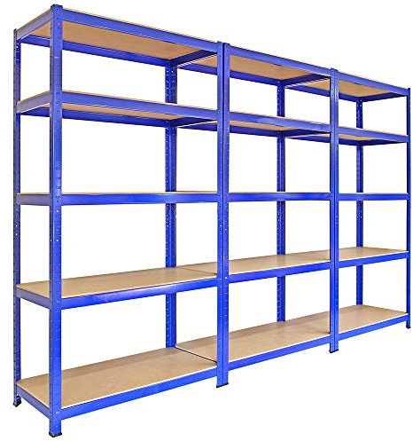 Garagenregal | 3 Schächte, Schwerlastregal, Stahlregale, Aufbewahrung, Metall, 90 cm x 45 cm x 182,5 cm, Werkstattschuppen, Büro, 280 kg Kapazität pro Regal, Büro, Lager, 1400 kg pro Bucht, Blau