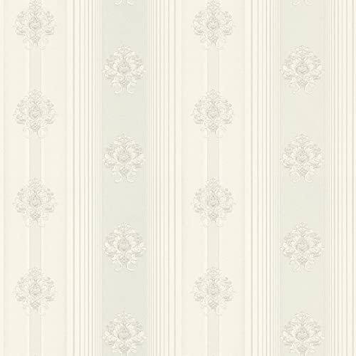 Neobarock Tapete in Weiß Grau | Helle Vliestapete mit Barock Muster auf Streifen | Ornament Wandtapete elegant ideal für Schlafzimmer und Esszimmer