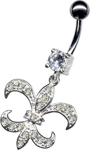 Piercing de nombril en argent véritable 925 et cristal de zircone - Acier chirurgical 316L - Banane banane - Piercing de nombril - 1,6 x 10 mm - Symbole de fleur de lys - Blanc transparent
