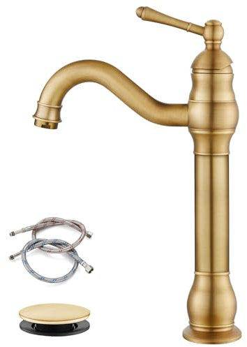 Vessel Basin Faucet Antique Brass Bathroom Single Handle Basin Mixer Tap Bar Tap with Pop Up Drain Tall Spout Single Hole Deck Mount