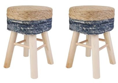 HOME DECO FACTORY HD6567 Lot de 2 Tabourets Blue Lagoon Pin Polyester Contreplaqu‘ Textile-Jonc, Bois-Sable-Bleu, 29 x 29 x 43 cm
