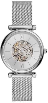 Fossil Watch for Women Carlie Mini Automatic, Automatic Movement, 28 mm Silver Stainless Steel Case with a Stainless Steel Mesh Strap, ME3189