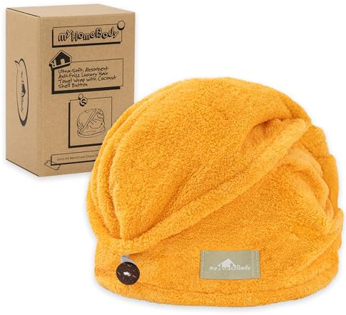 myHomeBody Serviette Wrap, Turban de Luxe Anti-frisottis à séchage Rapide, Ultra Doux et Absorbant en Fibre de Bambou à séchage Rapide, avec Bouton en Coquille de Noix de Coco – Mango