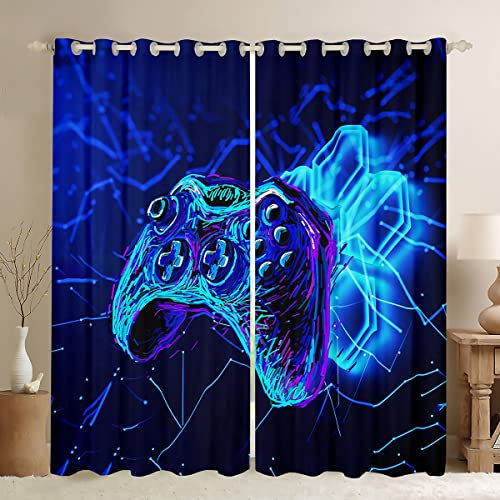 Kids Gamepad Window Treatments Blue Game Controller Curtain for Boys Girls Teens Decor Modern Gamer Window Drapes Gaming Console Geometry Window Curtain W46*L54