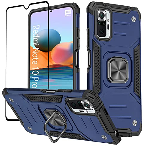 KANSi Funda Compatible con Xiaomi Redmi Note 10 Pro, Cristal Vidrio Templado + Capa Anillo iman Soporte Hard PC y Silicona TPU Antigolpes Armor Carcasa para Redmi Note 10 Pro - Azul