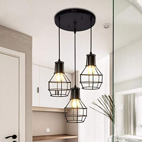 LED Industrielampe Haengeleuchte Vintage Schwarz Industrie Lampe Retro Esszimmer Esstisch Küchen Pendelleuchte Landhaus-stil Höhenverstellbar für Rustikal Wohnzimmer Keller Deckenleuchte mit 3-Flammig