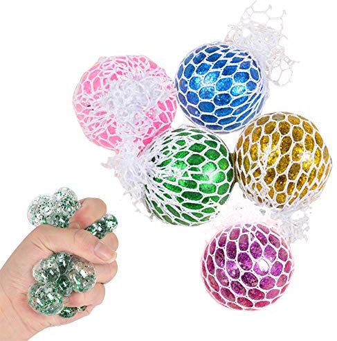 5 Stück Squeeze Mesh Ball, ZoneYan Mesh Ball Spielzeug, Stressball mit Netz Glitzer, Fidget Toy Stress Ball, Quetschball im Netz, Für Kinder Und Erwachsene, Stress Reduzieren, Konzentration Verbessern