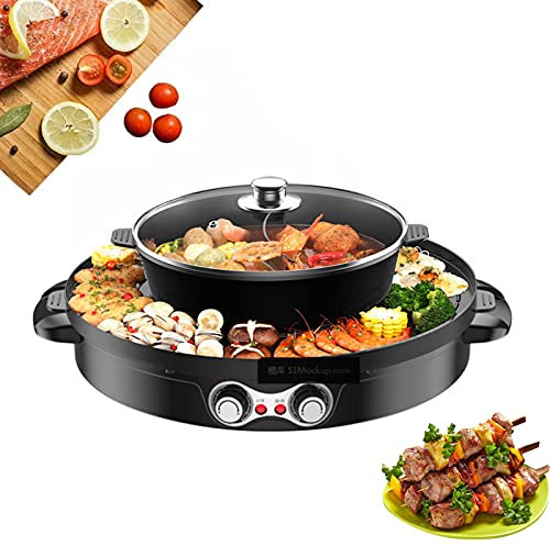 Elektrische Hot Pot Barbecue 2 in 1 Doppeltopf - Integrierte Kochtopf Elektrische Hot Pot 44 cm Backform Elektrische Barbecue Rauchfrei Elektrische Backform Elektrogrill für 5-8 Personen