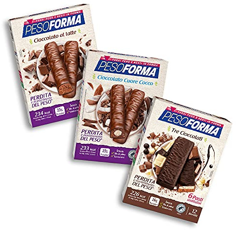 Pesoforma Barrette Cioccolato al Latte, Pasti Sostitutivi Dimagranti, 12 x 31g + Cioccolato Cuore Cocco 12 x 31g + Tre Cioccolati 12 x 31g