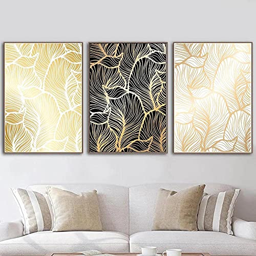 marca generica Leinwand Malerei Schwarz Gold Damaskus Blätter Poster Und Drucke Wandbilder Für Zuhause Wohnzimmer Dekoration Ungerahmt-40x50cmx3