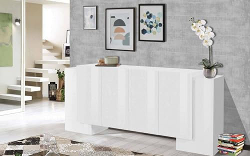 Dmora - Kommode Nando, Küchen-Sideboard mit 6 Türen, Wohnzimmer-Buffet, 100 % Made in Italy, 210 x 45 x 85 cm, glänzendes Weiß,