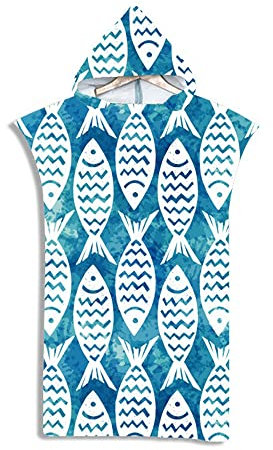 Highdi Surf Poncho con Cappuccio, Microfibra Asciugatura Rapida Telo Mare Uomo o Donna Adulto Asciugamano Accappatoio Ideale per Sport Piscina Spiaggia Nuoto (Pesce,75x110cm)