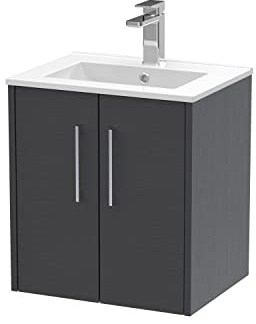 Hudson Reed JNU2221B Juno Modern Bathroom Wall Hung 2-Door Vanity with Minimalist Ceramic Basin, 500mm, Woodgrain Graphite Grey