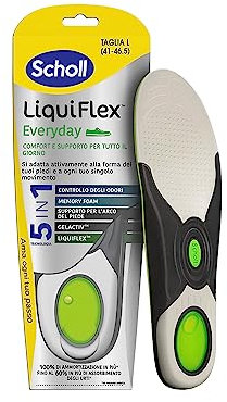 Scholl Liquiflex Everyday, Solette Ortopediche Regolabili Anti-Odore in Memory Foam con Tecnologia 5 in 1 per Tutti i Tipi di Scarpe, Supporto Arco Plantare, Uso Quotidiano, Taglia L (41-46.5)