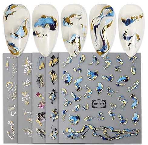 5Feuilles Sticker Ongle Nail Art Autocollant Ongle Adhésif 3D Décoration Manucure(Motif Doré)