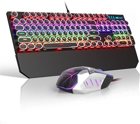 Retro Typewriter Keyboard and Mouse Combo, Cute Black Keyboard with Linear Red Switches, Full Size Wired Mechanical Gaming Keyboard, Cool Light Up Keyboard and Mouse for Gaming,Work,Mac,PC,Windows