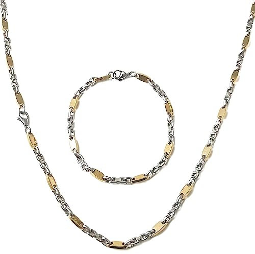 ayados Plattenkette Set Edelstahl 60cm 4mm bis 10,5mm Cuban Halskette + Armband Platten Kette (4mm x 60cm, Plattenkette Gold/Silber)