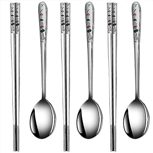 YAPULLYA Lot de 3 cuillères à soupe coréennes à long manche et baguettes, en acier inoxydable 18/8 multicolore, gravure au laser, baguettes et cuillères réutilisables en métal (lotus)