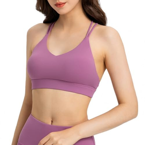 Lemedy Riemchen-Sport-BHs für Damen, Criss Cross Back Padded Workout Crop Yoga Tank Tops, rosa / purpur, Medium