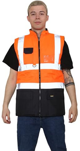 Grunge Wear® Hi Vis Bodywarmer Fleece Lined Reversible Gilet Jacket - Hi Viz Visibility Waterproof Workwear Security Safety WearWarm Sleeveless Waistcoat Body Warmer Vest Top (Orange Navy, X-Large)