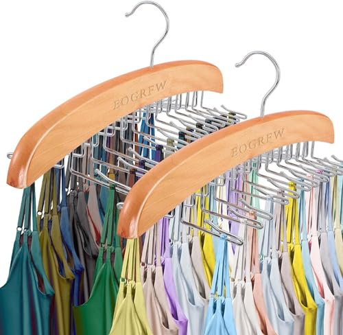 EOGRFW 2 Stück Krawattenhalter aus Holz,Krawattenbügel Gürtelhalter Kleiderschrank,360° drehbarer BH-Kleiderbügel mit 24 Faltbaren Haken,Krawatten Gürtel Aufbewahrung (Holzfarbe)