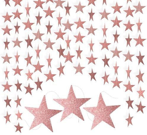 G2PLUS Rose Gold Glitter Star Garland, 16m Sparkling Star Paper Garland for Birthday Wedding Theme Party Kids Room Decor