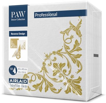 PAW - Servietten aus Airlaid - Stoffähnlich (40 x 40 cm) I 50 Stück I Ideal für Hochzeit, Taufe, Kommunion, Geburtstag I Hochwertige Tischdeko Rückseite-Muster - Weiß-Gold I Reverse Motif gold-white