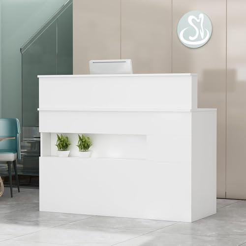 PREMTURE Reception Desk with LED Lights & Display Shelf, White Reception Counter with Lockable Drawers for Company Halls, Hotel Receptions, Clothing Stores, Beauty Salon, 50D x 120W x 100H cm