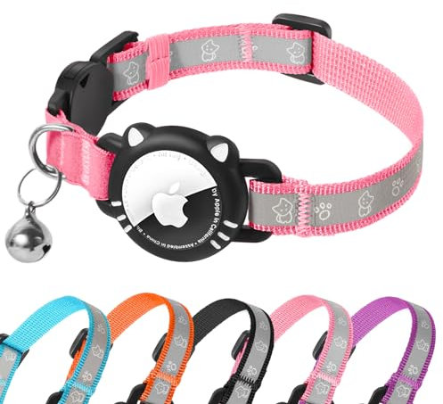 AgoumLux Airtag Katzenhalsband AirTag Halsband Katze Reflektierend mit Sicherheitsverschluss Glocke Katzenhalsbänder mit Airtag Hülle Verstellbar für Katzen, Pink, S(23-33 cm)