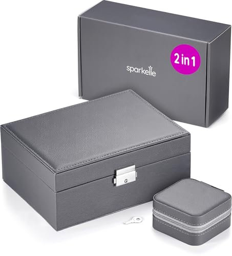 Sparkelle 2-in-1 Jewellery Box & Travel Jewellery Organiser Gift Set - Grey Faux Leather Jewellery Boxes for Women or Mens Jewellery Box