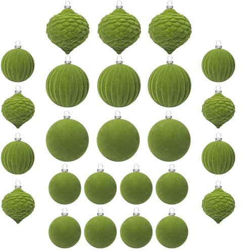 KI Store Moss Green Velvet Christmas Balls 25pcs Shatterproof Flocked Christmas Tree Ornaments Assorted for Xmas Tree Decorations