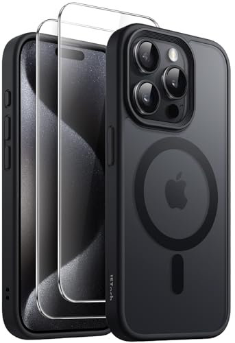 JETech 3 in 1 Magnetic Case for iPhone 15 Pro Max 6.7-Inch with 2 Pack Tempered Glass Screen Protectors, Compatible with MagSafe, Translucent Matte Back Shockproof Phone Cover (Black)