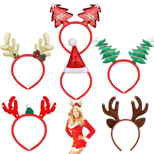 HOWAF Haarreif Weihnachten, 6 stücke Weihnachts Haarreif Erwachsene Weihnachts Haarschmuck Weihnachten Weihnachtskopfschmuck Tannenbaum weihnachtsmützen Rentier Haarreif für Damen Kinder