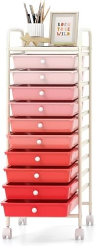 GIANTEX Chariot de Rangement, Tour de Rangement Plastique à 10 Tiroirs, Tiroir Rangement avec 4 Roues Universelles 2 avec Freins, Organisateur de Rangement Domestique, 33 x 37 x 86 cm (Rose Dégradé)