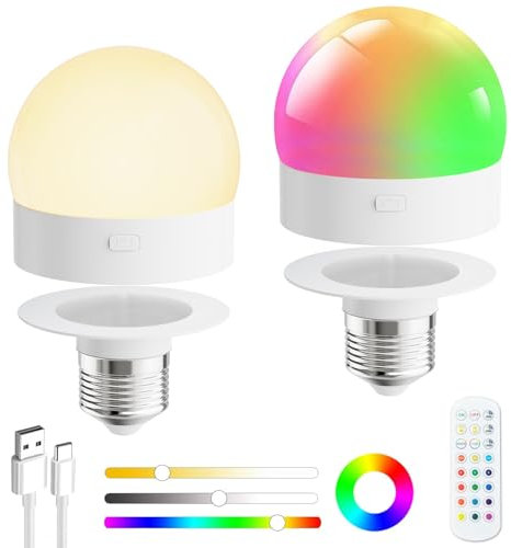 USB Rechargeable Light Bulb with Magnetic Base Detachable, 5W Dimmable Battery Powered Light Bulbs, Charging LED Bulb with Remote Timer and 3 Color Temperatures, for Non Hardwired Lamps, Wall Sconce