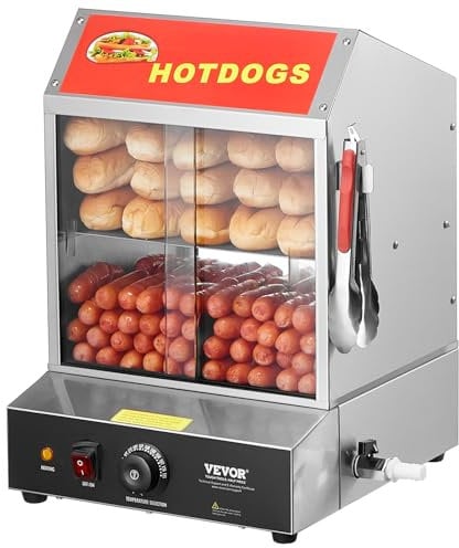 VEVOR Cuiseur à Vapeur Hot-Dogs, 27L, Machine à Vapeur Hot-Dogs à 2 Niveaux, température 30° à 85°, Chauffe-Petits Pains électrique avec Porte coulissante en Verre trempé, Plaque de séparation, Pince