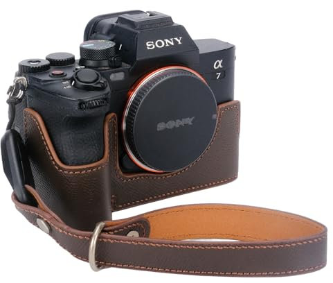 Bowan for Sony A7 Mark IV Camera Case,Handmade Genuine Real Leather Half Camera Case Bag Cover for A7IV A7M IV A7M4 A7 Mark IV A7RV A7R5 Camera Bottom Opening Version + Hand Strap (Brown)