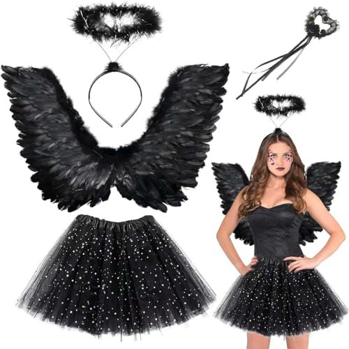 Teufel Kostüm,4 Stück 68CM Engelsflügel Kostüm,Halloween Kostüm Damen,Engelsflügel kostüm Damen,Angel Wings für Kinder,Tutu-Rock, Engel Flüge, Heiligenschein