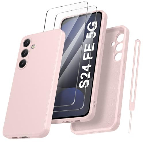 Qasyfanc Cover Protezione Fotocamera per Samsung Galaxy S24 FE con 2 Pezzi Vetro Temperato, Custodia Samsung Galaxy S24 FE 5G Silicone Morbida, Antiurto, Sottile, Rosa
