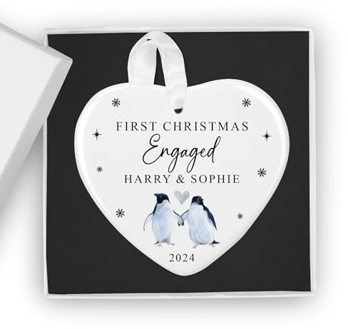 Personalised First Christmas Engaged Ceramic Bauble with Gift Box - Custom 1st Xmas Couples Penguin Ornament for Tree - Engagement Keepsake Gift for Fiancé & Fiancée 2024 (Heart)