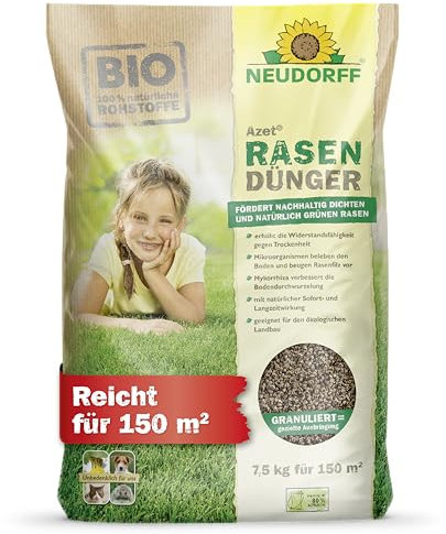 Neudorff Azet RasenDünger – Bio Rasendünger für 150 m² sorgt für eine dichte, grüne und strapazierfähige Rasenfläche mit 6 Monaten Langzeitwirkung, 7,5 kg