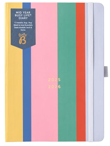 Busy B Diary - A5 Mid-Year Academic Diary - Busy Life Weekly Journal - Aug '25 - Aug '26 – Multi Stripe Cover - Life Planner with Dual Schedules, Year Calendar, Pen Loop, Pockets & Elastic Closure