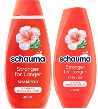 SCHAUMA Stärkungs-Shampoo Stronger for Longer (400 ml), Haarshampoo stärkt langes & brüchiges Haar & Spülung (250 ml), Haarspülung, Pflegespülung mit Hibiskus & Rosmarin
