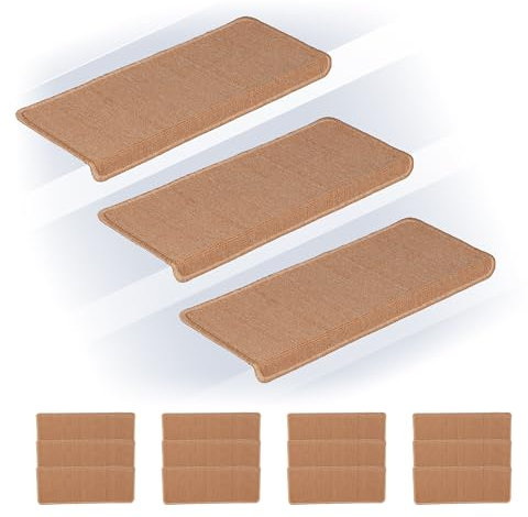 Relaxdays Tappetini Antiscivolo Scale Interne, Set 15 Tappeti Adesivi per Gradini, 65x24 cm, Strisce Coprigradini, Beige, Plastica